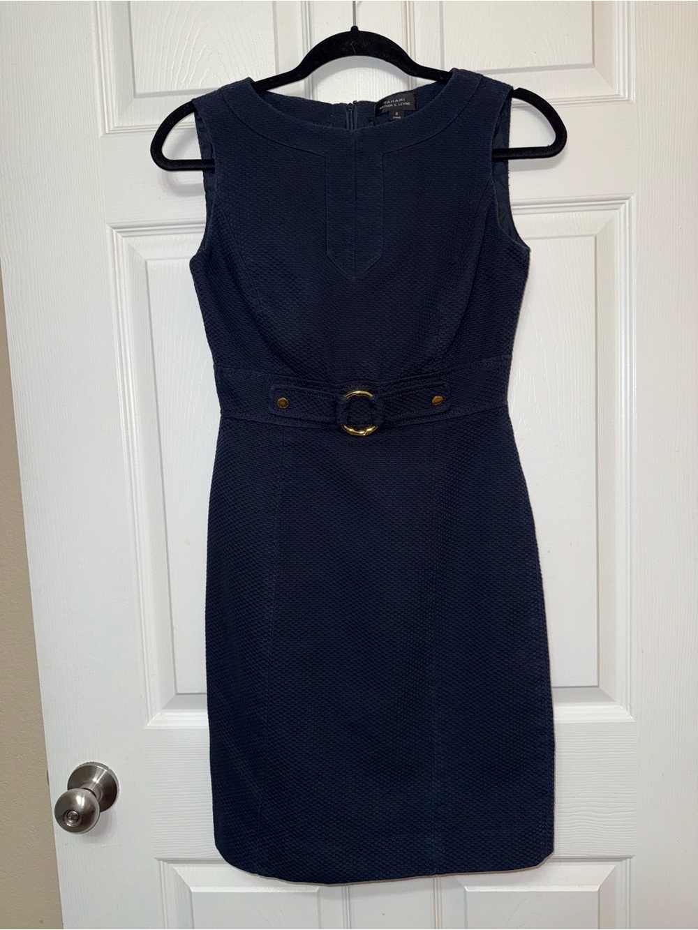 Tahari Navy Textured Sheath Dress with Belt Detail